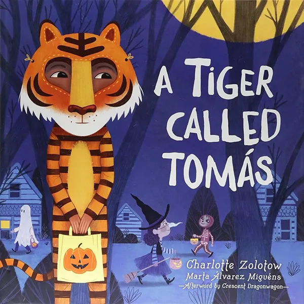 Cover of A tiguer called Tomas with child in a tiger costume with a bag of candy