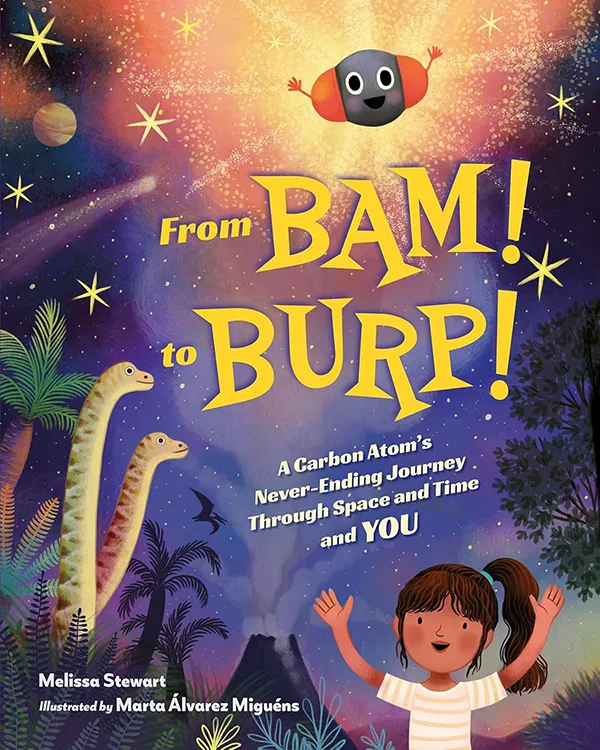Cover of From BAM to BURP with a child with an active volcano in the background and dinosaurs