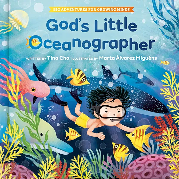 Cover of God's Little Oceanograpgher with a child diving among a multitude of fish