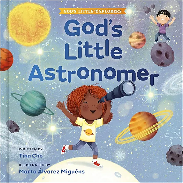 Cover of God's Little Astronomer with a child on a small planet looking through a telescope
