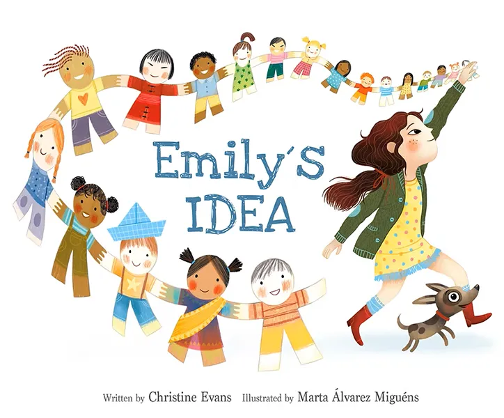 Cover of Emily's Idea, with Emily playing with a lot of draws of childs